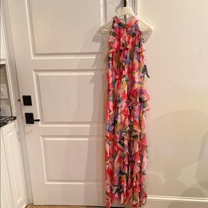 Betsy & Adam Pink Multicolor Floral Ruffle Halter Dress